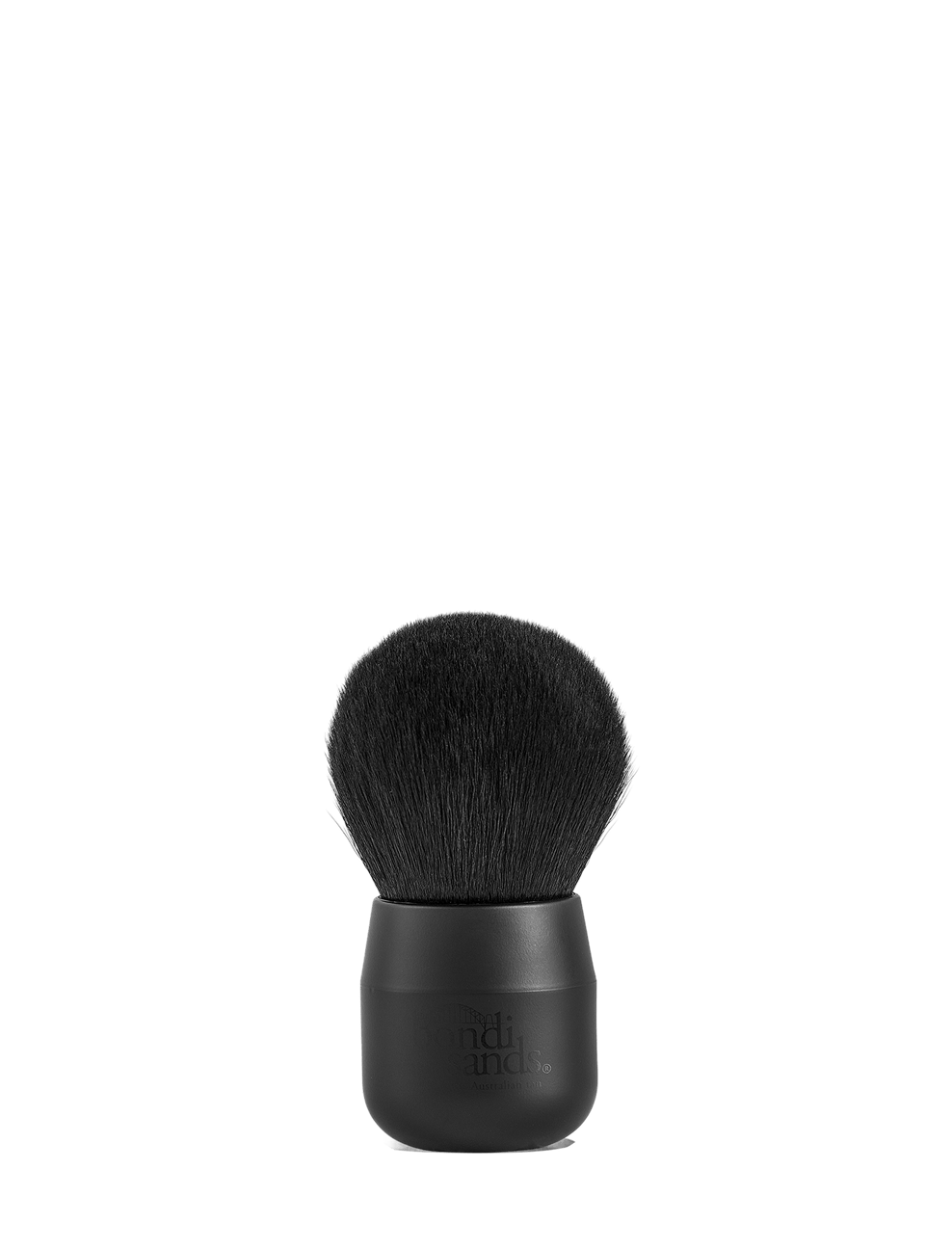A BondiSandsEU Powder Brush in black, featuring a rounded, dense bristle head and a short, matte handle, stands upright on a plain white background—ideal for applying self tan drying powder and creating a flawless glow.