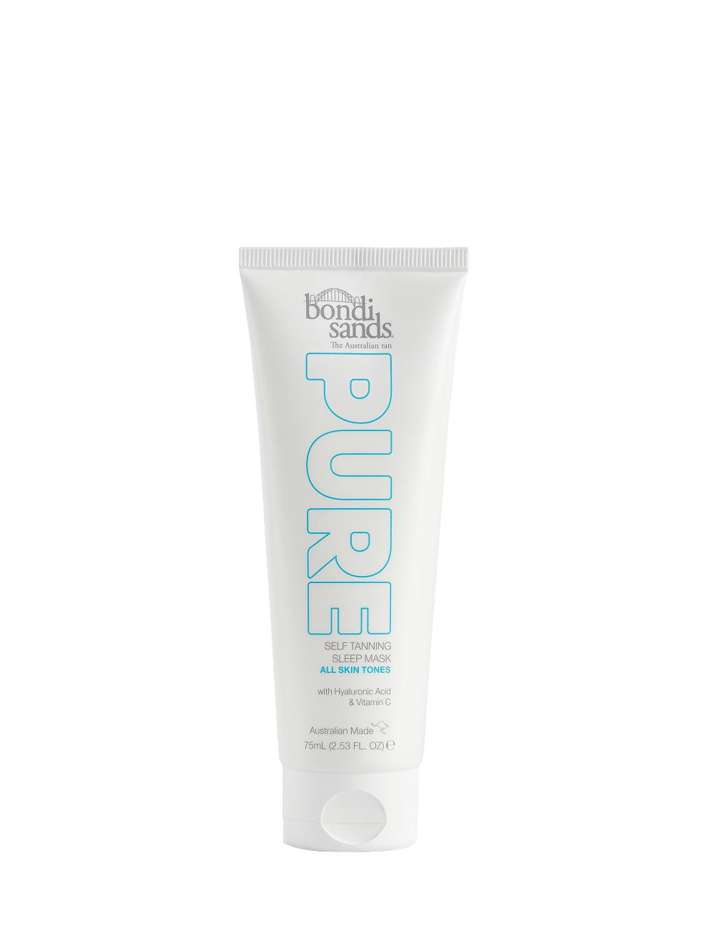 A white tube of BondiSandsEU Pure Self Tanning Sleep Mask for all skin tones, 75ml, featuring light blue text and a white cap, stands upright against a plain white background. Specially formulated with hyaluronic acid, this mask is ideal for sensitive skin.