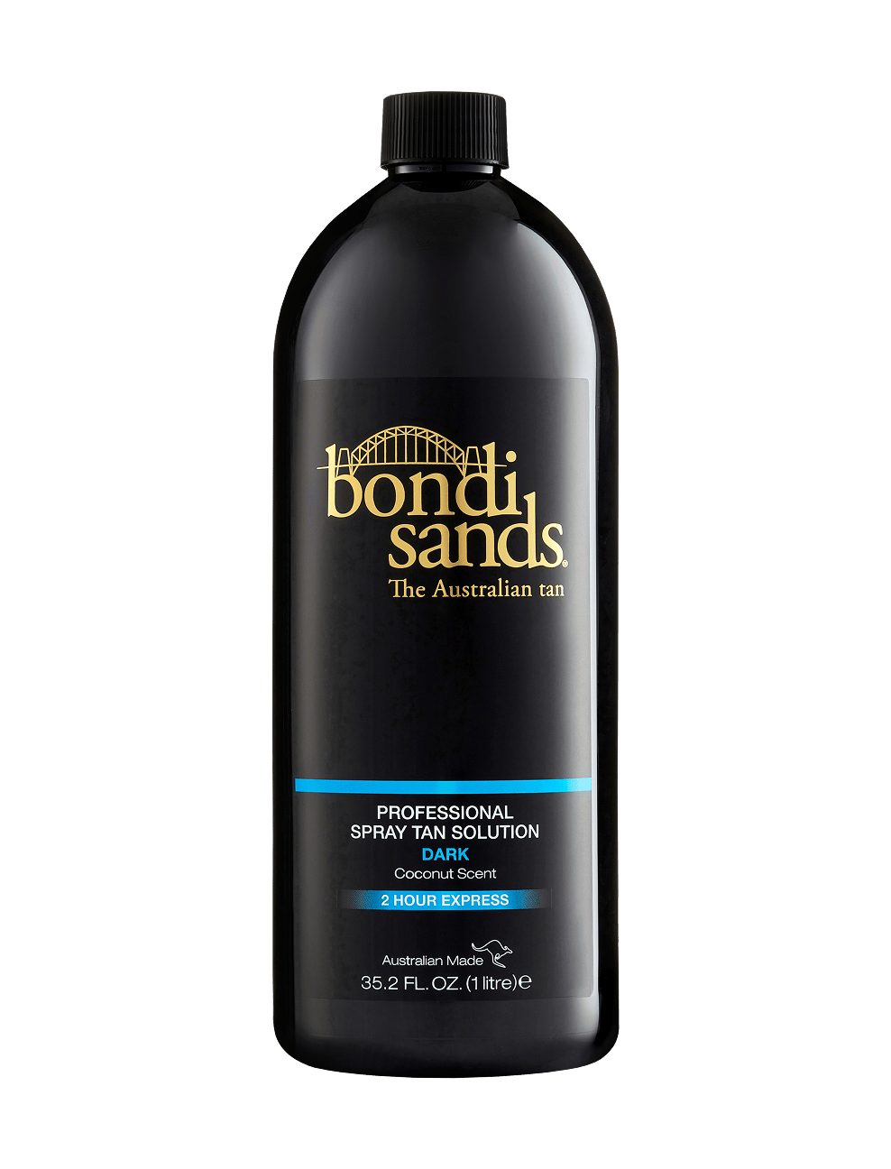 A black 1-liter bottle of BondiSandsEU Salon Solution Dark, coconut scented, featuring gold and blue text on the label. This fast-drying formula delivers a flawless professional spray tan with every use.