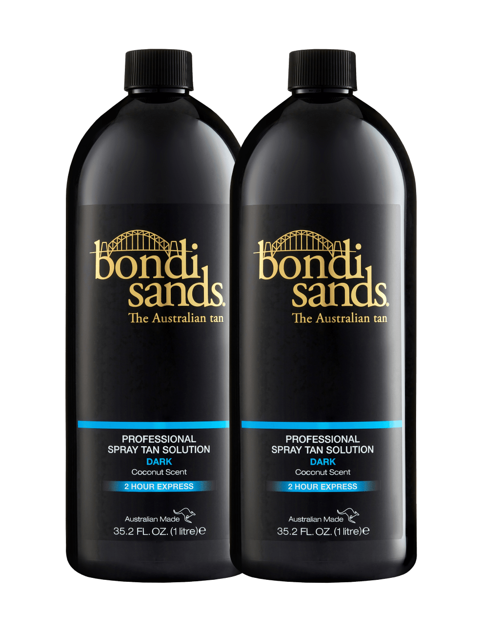 Two black 1-liter bottles of BondiSandsEU Dark Salon Solution 1L Duo, featuring gold and blue labeling, a coconut scent, and “2 Hour Express” prominently displayed on the front. Enjoy a premium professional spray tan solution crafted for flawless results.