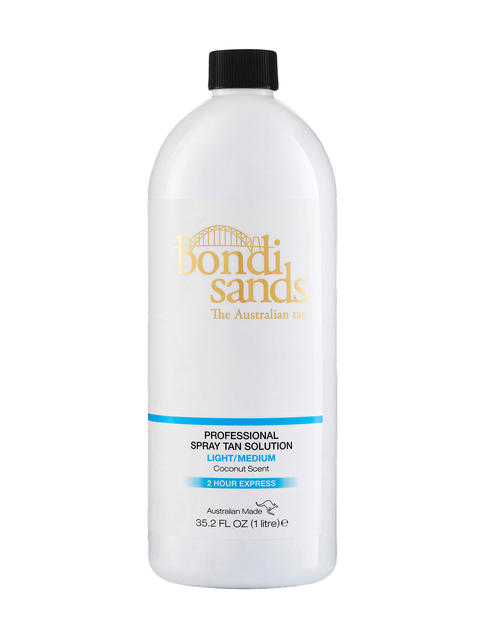 A white 1-liter bottle of BondiSandsEU Salon Solution Light-Medium, featuring a fast drying formula, with a black cap and gold and blue label text.