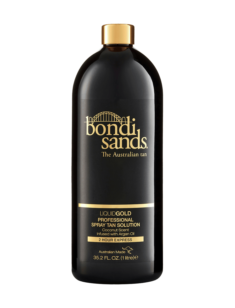 A black bottle of BondiSandsEU Salon Solution Liquid Gold, 35.2 fl. oz., features gold text and accents. This self-tanning formula offers a coconut scent, express 2-hour development, and is infused with nourishing argan oil.