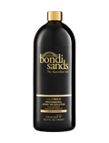 A black bottle of BondiSandsEU Salon Solution Liquid Gold, 35.2 fl. oz., features gold text and accents. This self-tanning formula offers a coconut scent, express 2-hour development, and is infused with nourishing argan oil.