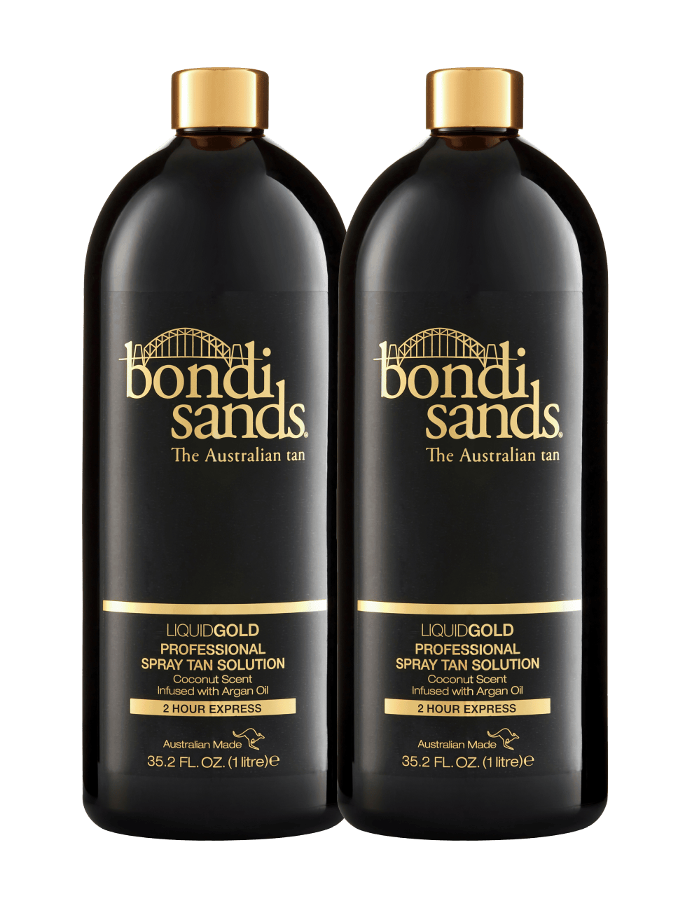Two black bottles of BondiSandsEU Liquid Gold Salon Solution Bundle, each 1 liter with gold text and accents. This professional spray tan solution is infused with argan oil and provides a radiant, golden glow in just 2 hours for salon-quality results.