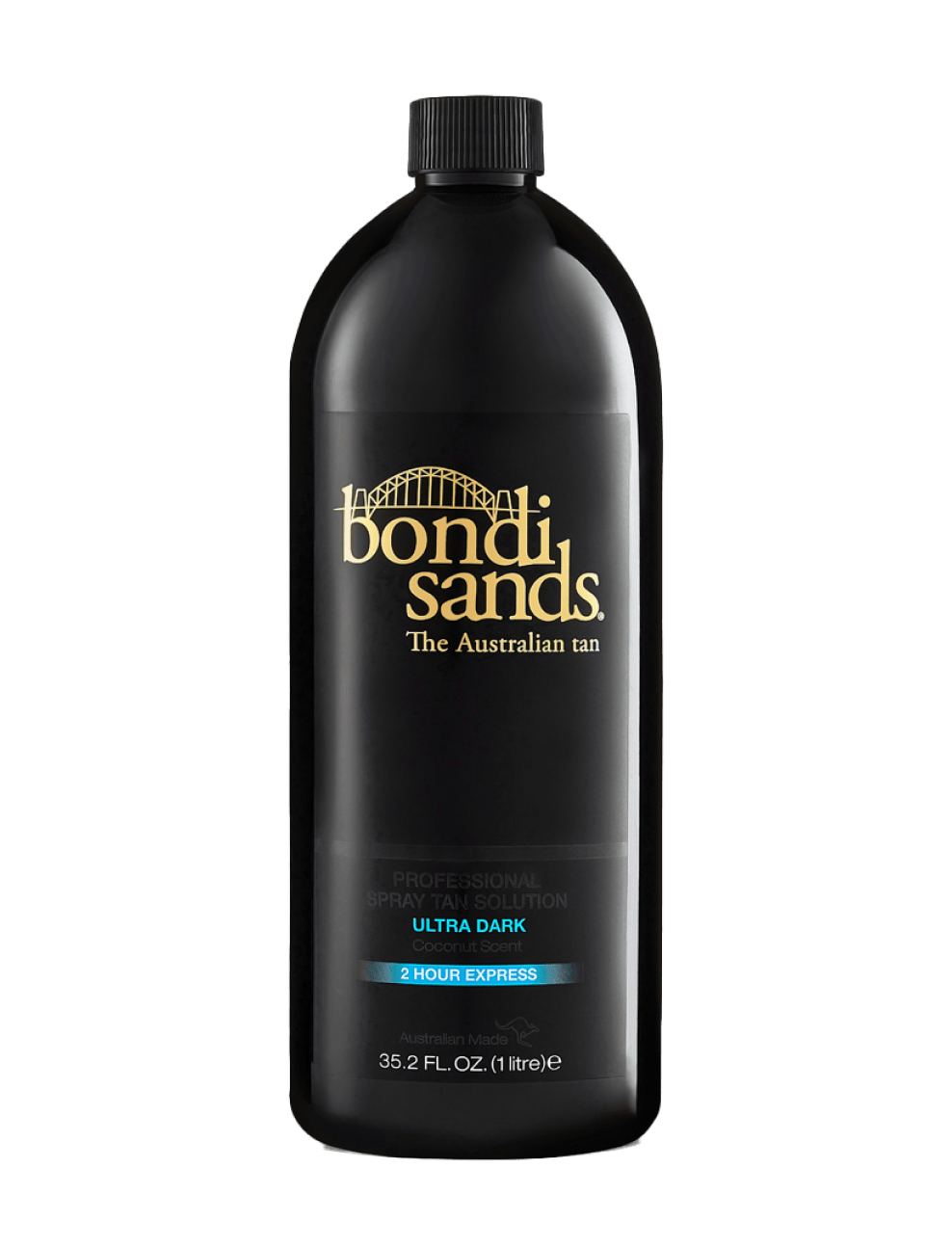 A black 1-liter bottle of BondiSandsEU Salon Solution Ultra Dark, designed for professional tanning results, features gold and blue label text and an image of the Sydney Harbour Bridge.