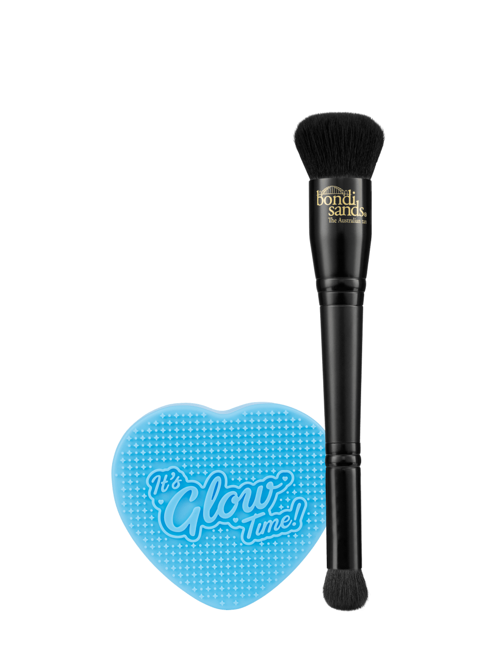 The Self Tan Contour Kit by BondiSandsEU includes a black contour brush and a blue, heart-shaped makeup sponge featuring "Its Glow Time!" in white lettering—essential tools for creating a bronzed, sculpted glow.