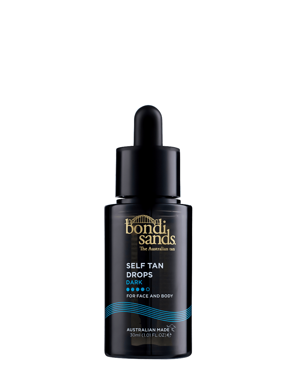 A black bottle of BondiSandsEU Dark Self Tanning Face Drops—non-comedogenic and suitable for both face and body—features a dropper cap and comes in a 30ml size. Specifically labeled as self tanning face drops, it is shown against a plain white background, making it ideal for achieving a bronzed complexion.