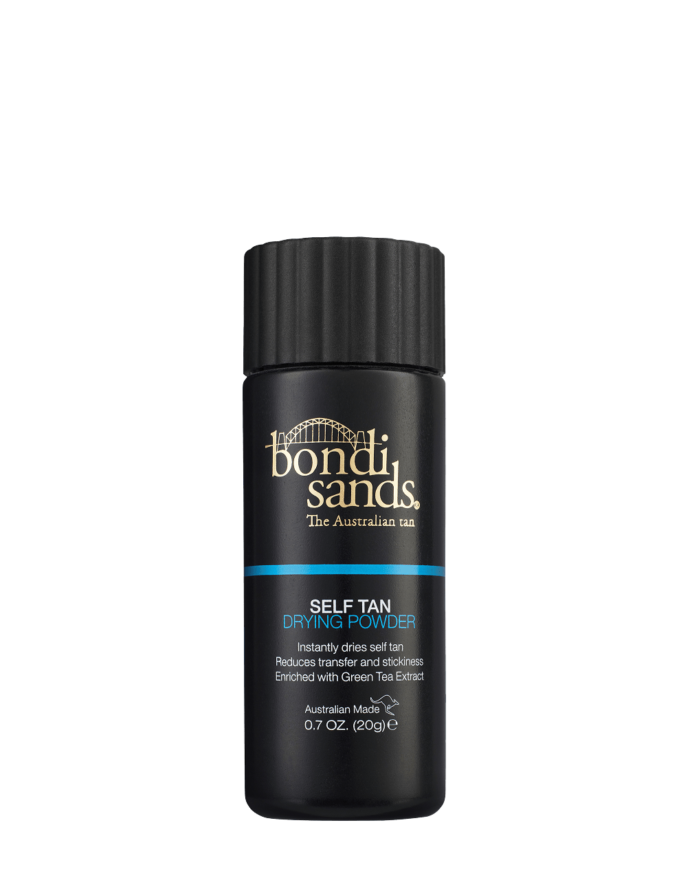 A black 0.7 oz (20g) bottle of BondiSandsEU Self Tan Drying Powder with gold and white text displays the brand logo and product details. Enriched with green tea extract, this powder is an essential step in your tanning routine for a flawless finish.