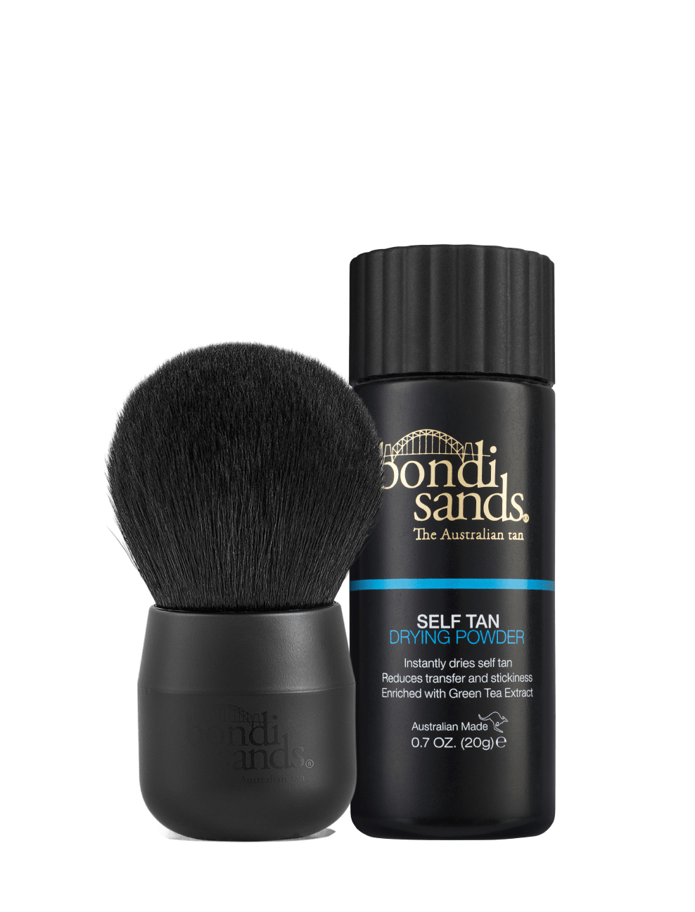 The BondiSandsEU Self Tan Drying Powder & Brush Bundle is displayed side by side against a white background. This innovative set features a drying powder that helps reduce stickiness for a flawless tan and is enriched with green tea extract.