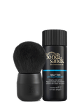The BondiSandsEU Self Tan Drying Powder & Brush Bundle is displayed side by side against a white background. This innovative set features a drying powder that helps reduce stickiness for a flawless tan and is enriched with green tea extract.