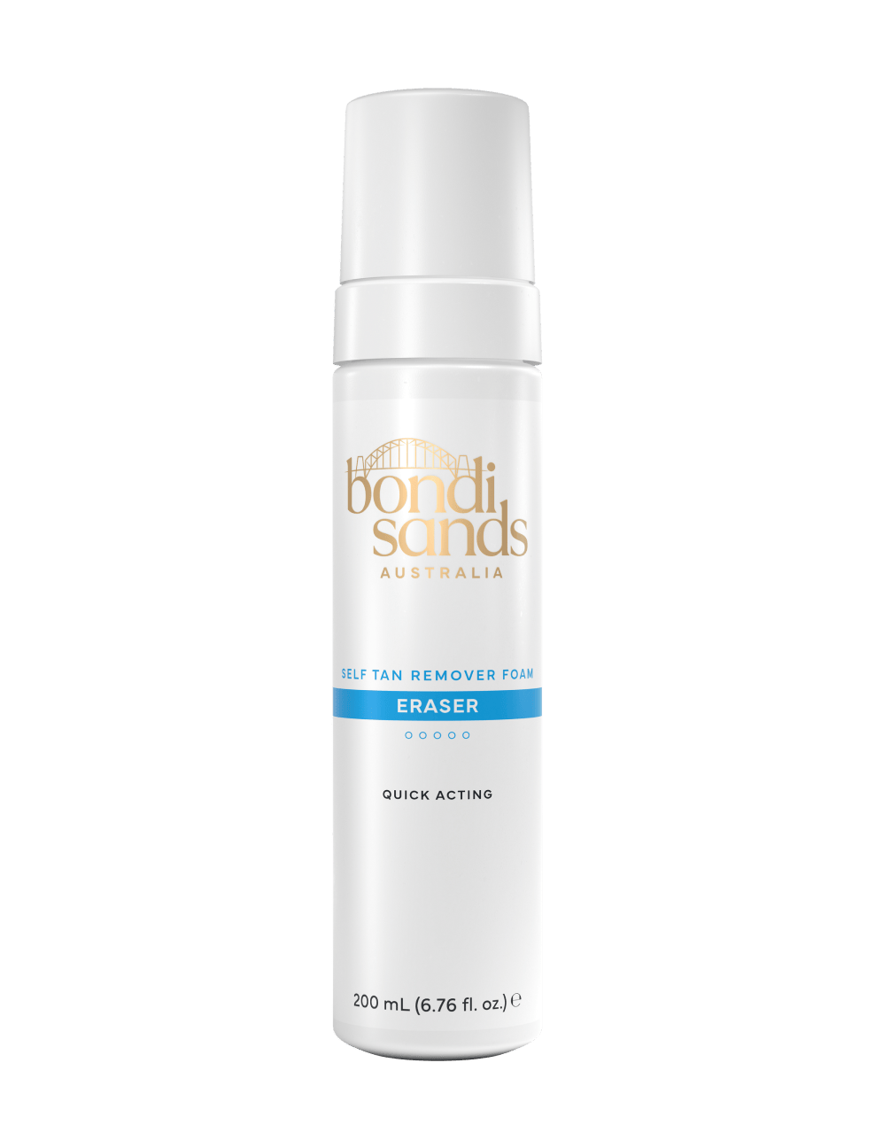 A white bottle of BondiSandsEU Self Tan Remover Foam Eraser with a pump top, featuring gold and blue text, labeled as Tan Eraser and Quick Acting, in a 200 mL size.