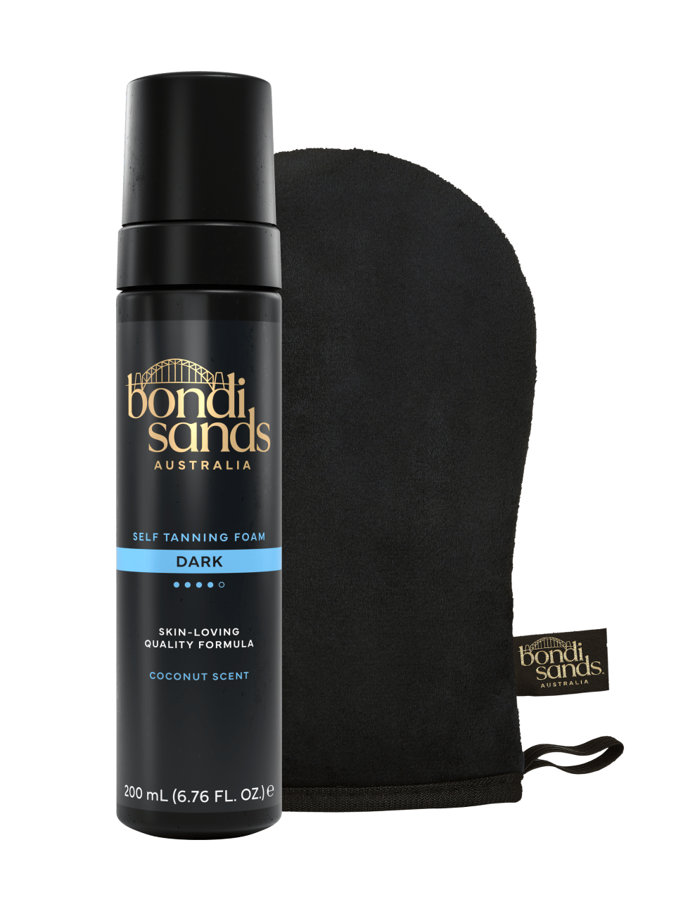 Experience the BondiSandsEU Dark Self Tanning Foam & Application Mitt Bundle—featuring a sleek black 200 mL (6.76 FL OZ) bottle labeled "Dark" and a premium mitt for flawless application. Achieve an even, streak-free tan with this coconut-scented essential duo from BondiSandsEU.