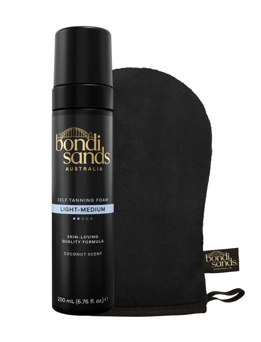 The BondiSandsEU Light-Medium Self Tanning Foam & Application Mitt Bundle is displayed on a plain white background, ready to help you achieve a flawless, natural-looking glow.