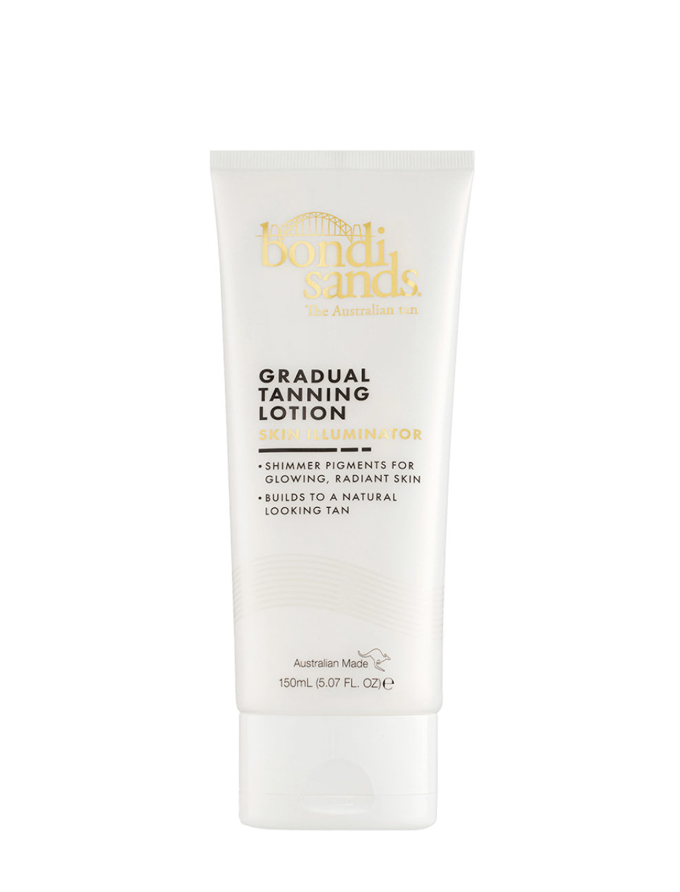 A 150mL white tube of BondiSandsEU Skin Illuminator Gradual Tanning Lotion features gold text and is designed to deliver glowing skin with a gradual, natural-looking tan and radiant finish.