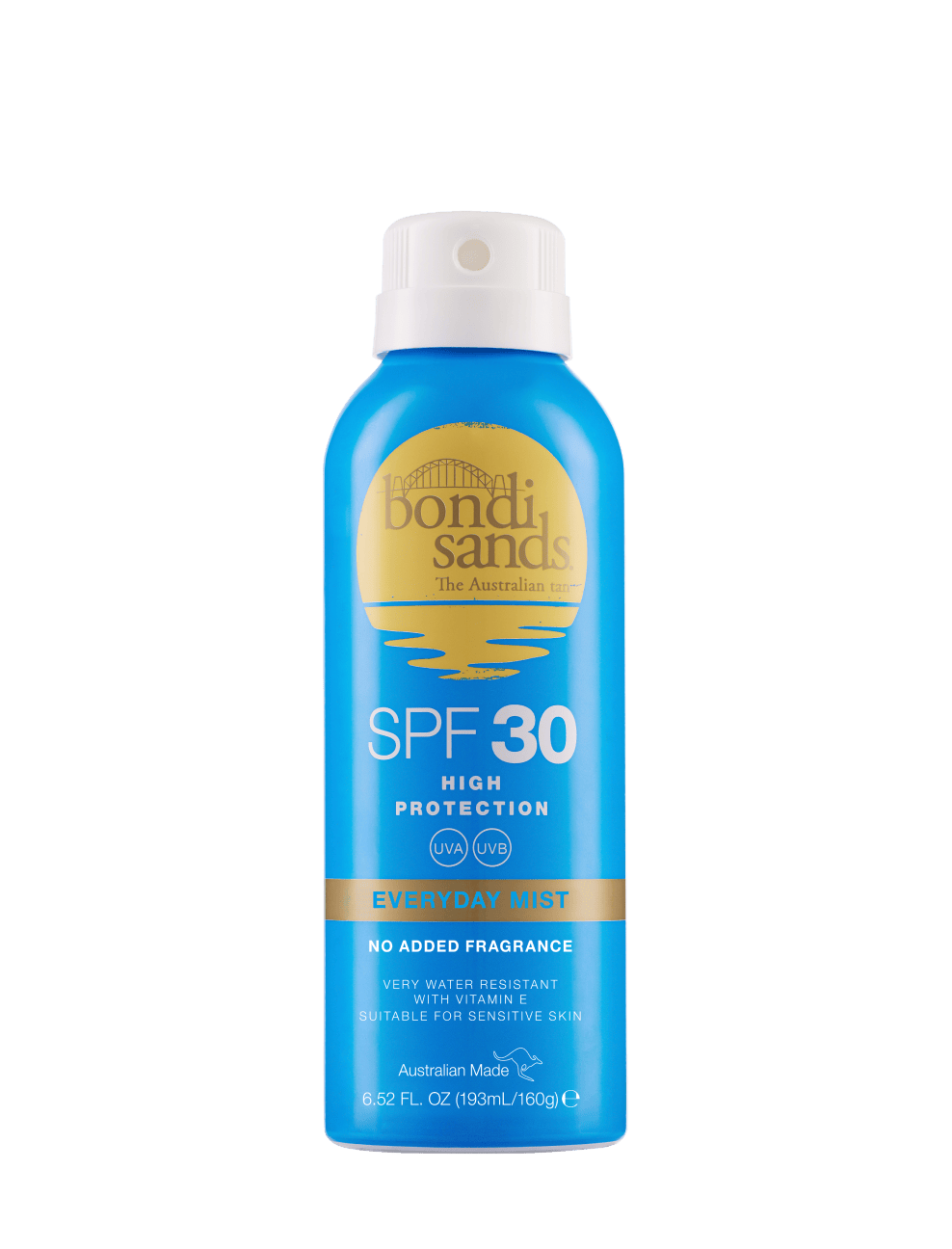 A blue aerosol can of BondiSandsEU SPF 30 Everyday Sunscreen Aerosol Mist with gold accents. The label features high protection, very water-resistant coverage, no added fragrance, and suitability for sensitive skin.