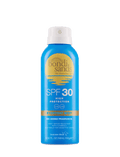 A blue aerosol can of BondiSandsEU SPF 30 Everyday Sunscreen Aerosol Mist with gold accents. The label features high protection, very water-resistant coverage, no added fragrance, and suitability for sensitive skin.