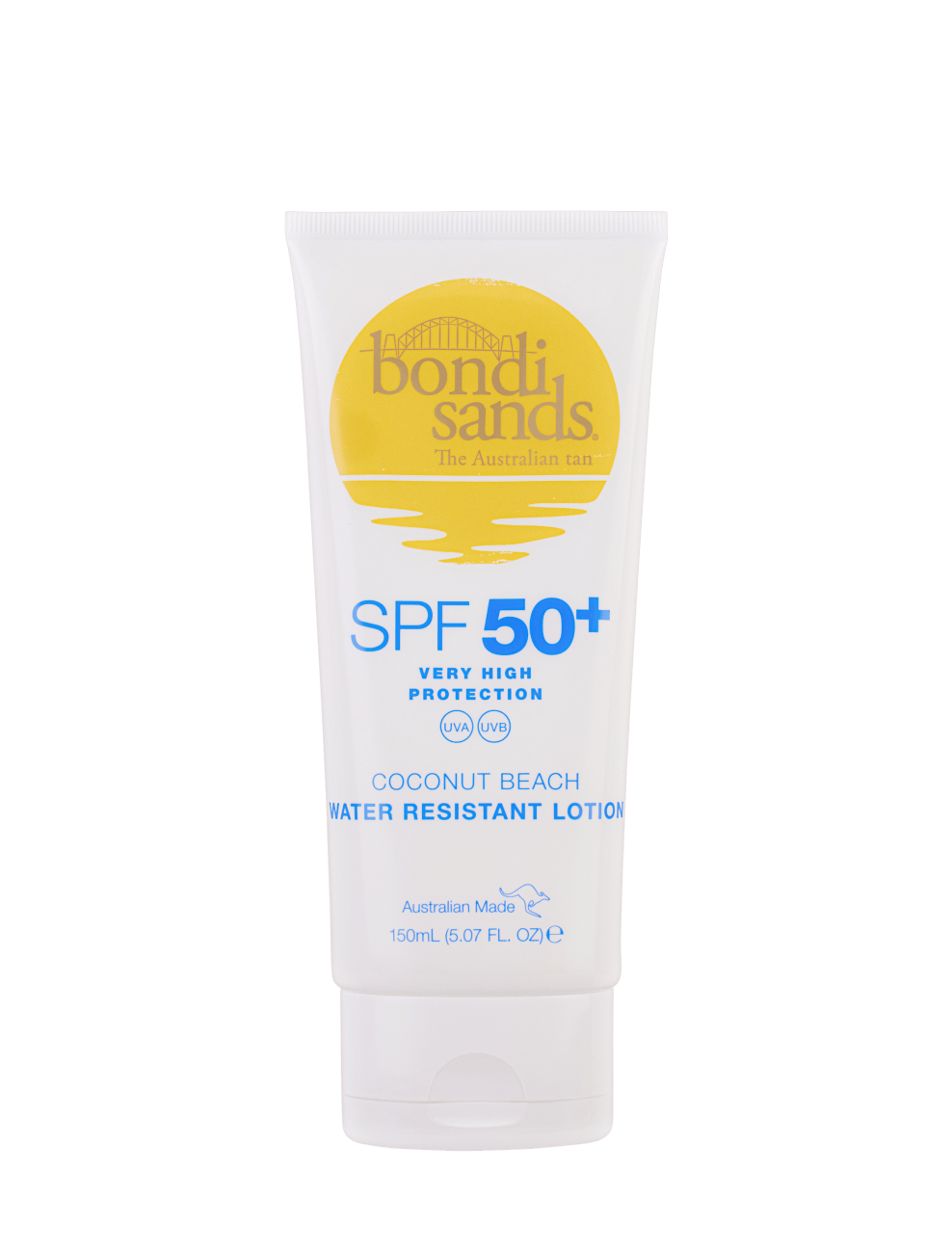 A tube of BondiSandsEU SPF 50+ Body Sunscreen Lotion Coconut Beach Scent, 150mL, featuring a yellow logo and blue text, stands upright against a white background.