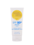 A tube of BondiSandsEU SPF 50+ Body Sunscreen Lotion Coconut Beach Scent, 150mL, featuring a yellow logo and blue text, stands upright against a white background.
