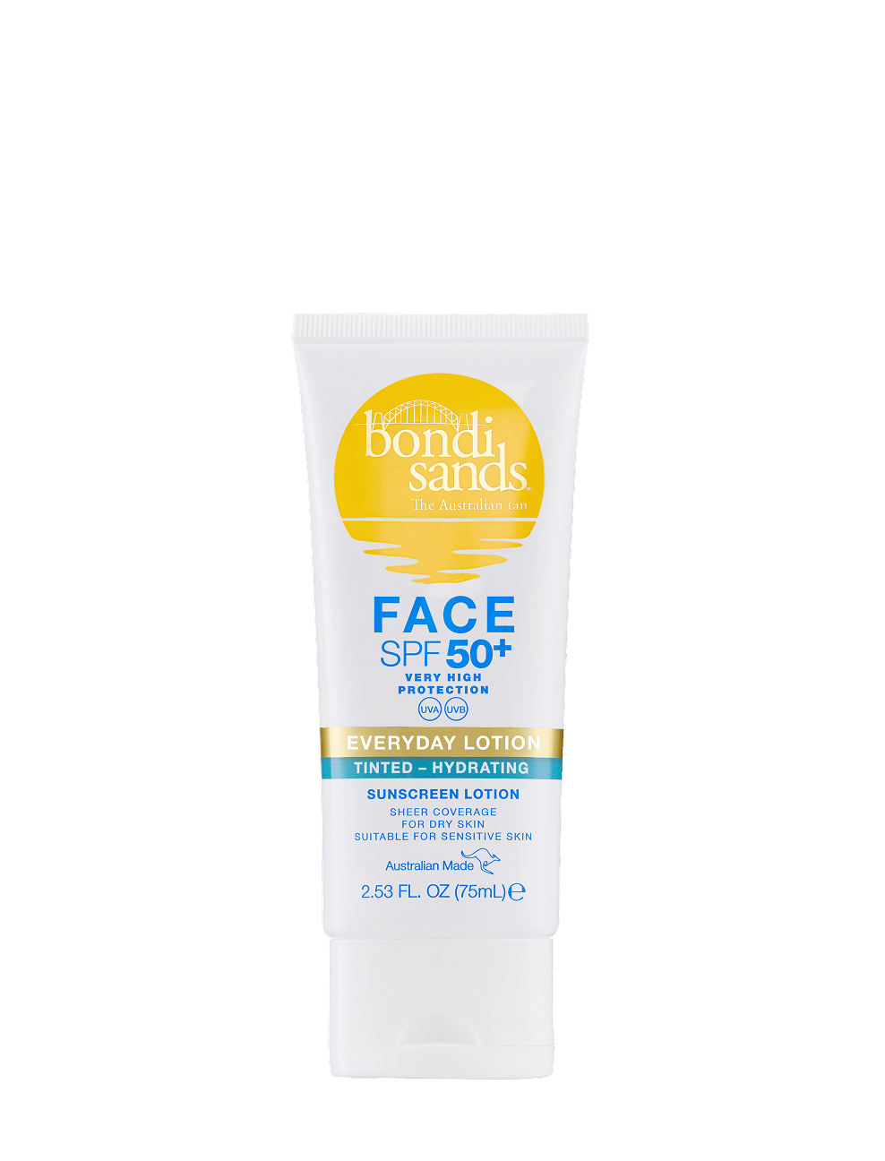 Tube of BondiSandsEU SPF 50+ Everyday Hydrating Tinted Face Lotion, 75ml, a hydrating tinted sunscreen suitable for sensitive skin, featuring a yellow sun logo and blue text on a white background.