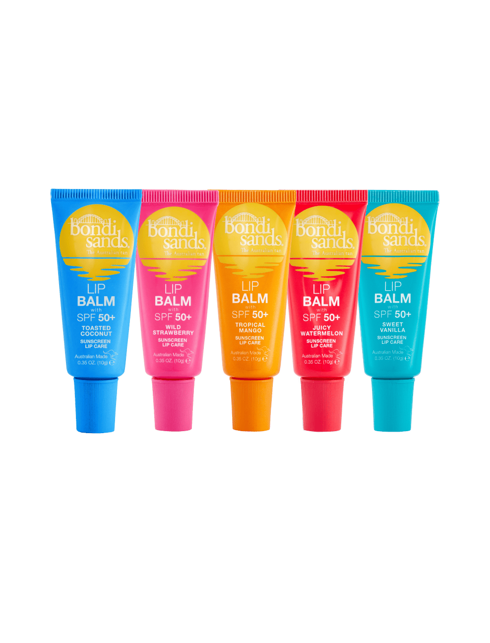Five vibrant tubes from the BondiSandsEU SPF 50+ Lip Balm Bundle are lined up side by side, delivering hydrating benefits and high-level sun protection. The flavors shown from left to right—coconut, strawberry, tropical, watermelon, and vanilla—are each clearly labeled with their flavor and SPF details on each colorful tube.