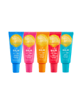 Five vibrant tubes from the BondiSandsEU SPF 50+ Lip Balm Bundle are lined up side by side, delivering hydrating benefits and high-level sun protection. The flavors shown from left to right—coconut, strawberry, tropical, watermelon, and vanilla—are each clearly labeled with their flavor and SPF details on each colorful tube.