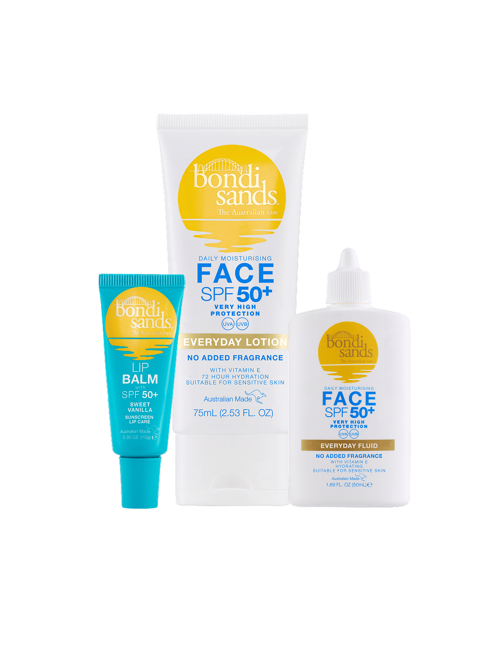 Stay sun-safe with the SPF Besties Bundle from Bondi Sands Europe. This collection includes three essentials: a blue tube of SPF 50+ lip balm, a white tube of SPF 50+ face lotion, and a white bottle of SPF 50+ Face Everyday Fluid—all crafted for advanced sun protection. Each item features Bondi Sands Europe's signature yellow and blue labels for that iconic look.