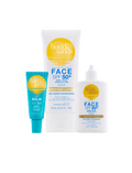 Stay sun-safe with the SPF Besties Bundle from Bondi Sands Europe. This collection includes three essentials: a blue tube of SPF 50+ lip balm, a white tube of SPF 50+ face lotion, and a white bottle of SPF 50+ Face Everyday Fluid—all crafted for advanced sun protection. Each item features Bondi Sands Europe's signature yellow and blue labels for that iconic look.