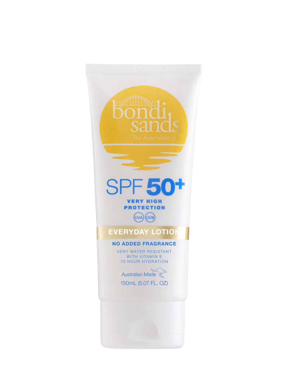 A white tube of BondiSandsEU SPF 50+ Everyday Body Sunscreen Lotion with yellow and blue text, featuring high sun protection, broad-spectrum UVA/UVB coverage, 72-hour hydration, and a gold sun graphic on the top—making it the perfect everyday body sunscreen for reliable, long-lasting defense.