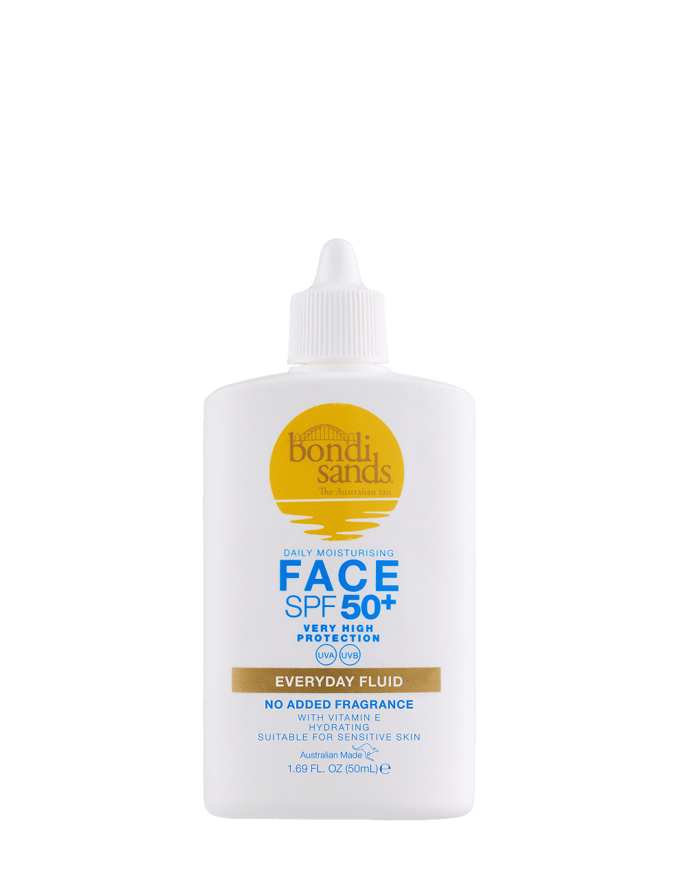 A white bottle of BondiSandsEU SPF 50+ Everyday Face Fluid features yellow and blue text, a gold logo, and a white twist cap. Its label emphasizes suitability for sensitive skin and inclusion of Vitamin E. This broad-spectrum sunscreen provides daily sun protection, making it an ideal face fluid with SPF 50+ for everyday use.