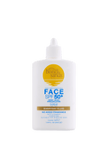 A white bottle of BondiSandsEU SPF 50+ Everyday Face Fluid features yellow and blue text, a gold logo, and a white twist cap. Its label emphasizes suitability for sensitive skin and inclusion of Vitamin E. This broad-spectrum sunscreen provides daily sun protection, making it an ideal face fluid with SPF 50+ for everyday use.