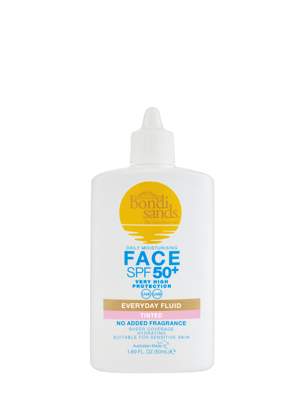 A white plastic bottle of BondiSandsEU Face SPF 50+ Tinted Everyday Sunscreen Fluid features a pointed cap, blue and gold text, and a pink label highlighting "No Added Fragrance" and suitability for sensitive skin. This daily sunscreen offers high protection as a Face SPF 50+, making it perfect for everyday use.