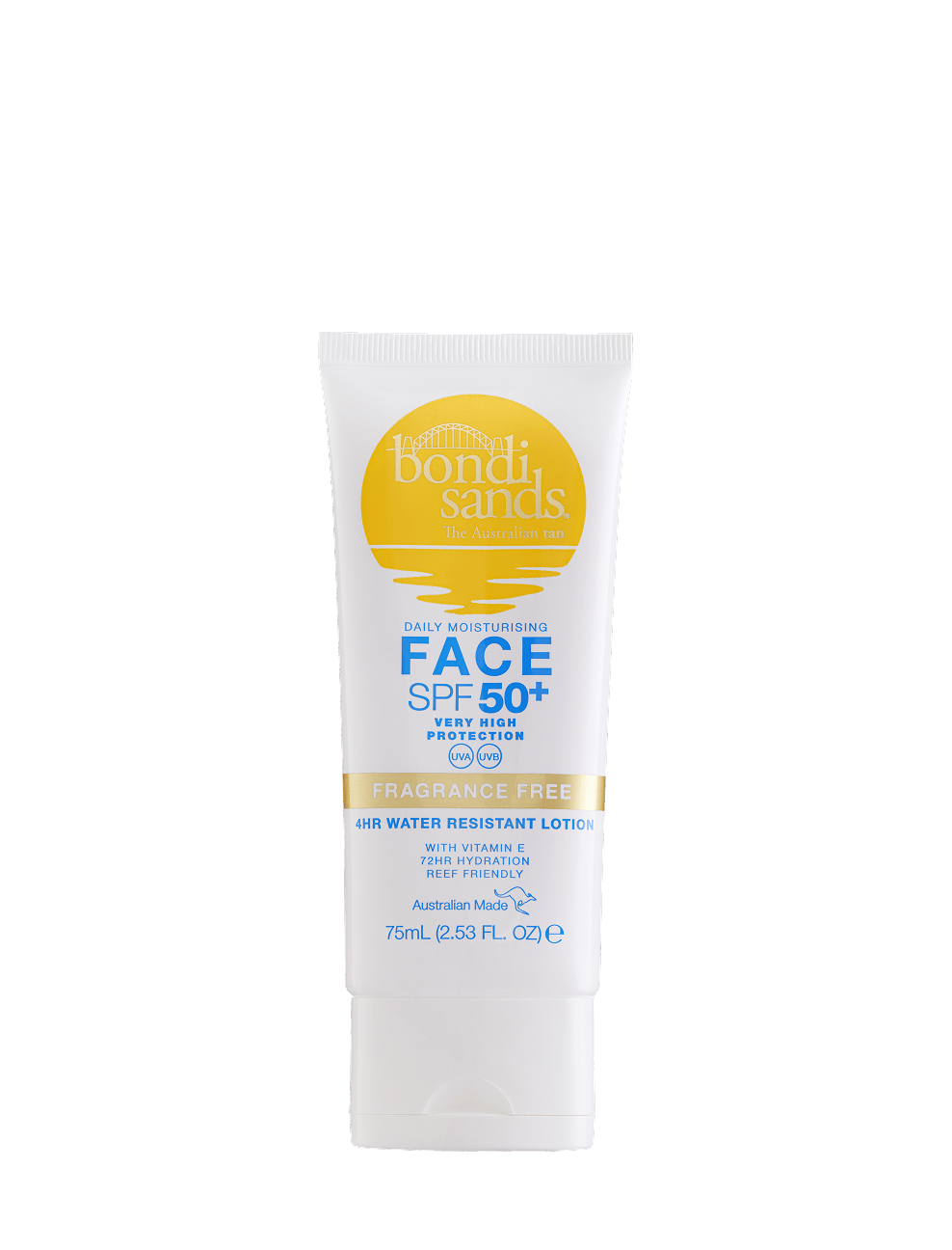 A white tube of BondiSandsEU Face SPF 50+ Fragrance Free Sunscreen Lotion, a non-comedogenic and fragrance free sunscreen with vitamin E and aloe vera, 4-hour water resistance, in a 75ml (2.53 fl oz) size.