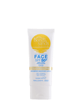 A white tube of BondiSandsEU Face SPF 50+ Fragrance Free Sunscreen Lotion, a non-comedogenic and fragrance free sunscreen with vitamin E and aloe vera, 4-hour water resistance, in a 75ml (2.53 fl oz) size.