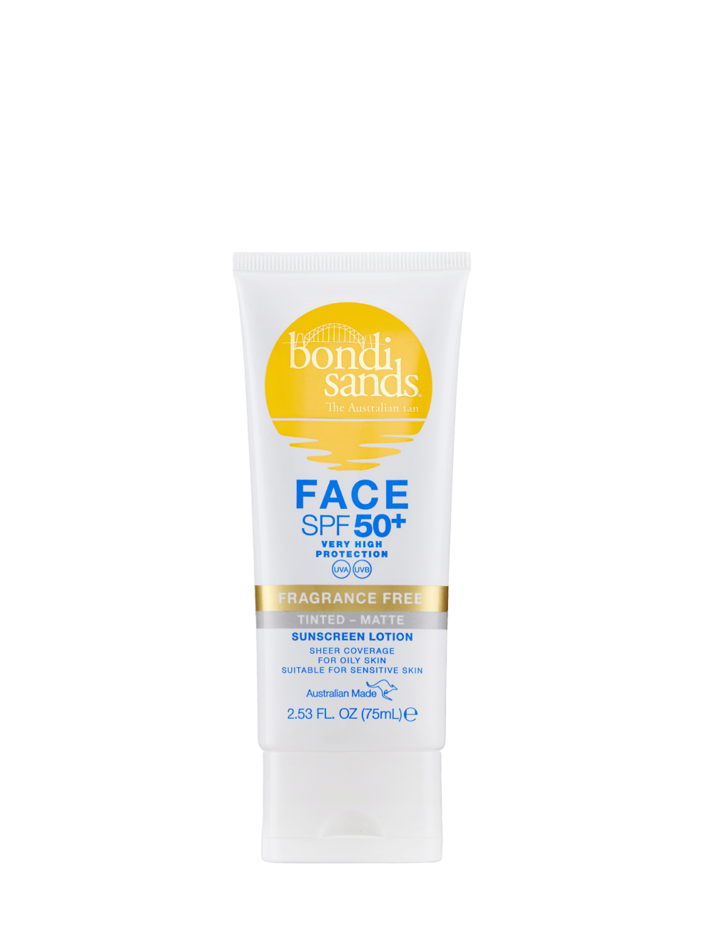 A white tube of BondiSandsEU Face SPF 50+ Tinted & Matte Sunscreen Lotion for sensitive skin, matte and fragrance free, featuring a yellow sun logo with blue and gold text.