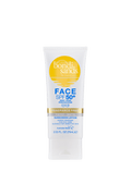 A white tube of BondiSandsEU Face SPF 50+ Tinted & Matte Sunscreen Lotion for sensitive skin, matte and fragrance free, featuring a yellow sun logo with blue and gold text.