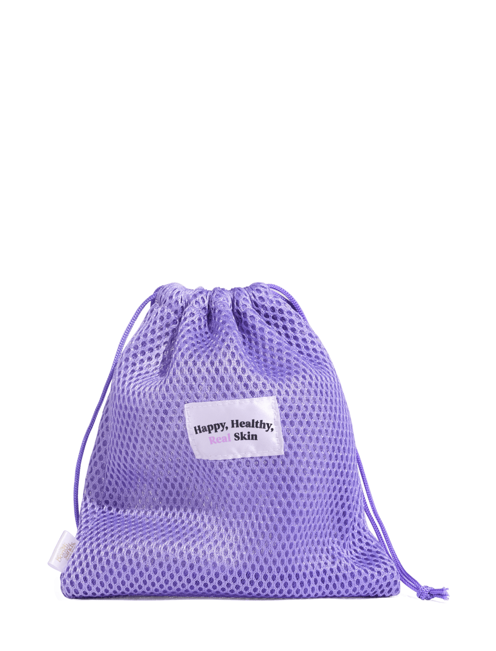 A purple mesh drawstring bag with a white label reading "Happy, Healthy, Real Skin" stands upright against a plain white background. Designed by BondiSandsEU, the bag is ideal for storing your Squeaky Clean Reusable Makeup Pads.