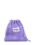 A purple mesh drawstring bag with a white label reading "Happy, Healthy, Real Skin" stands upright against a plain white background. Designed by BondiSandsEU, the bag is ideal for storing your Squeaky Clean Reusable Makeup Pads.