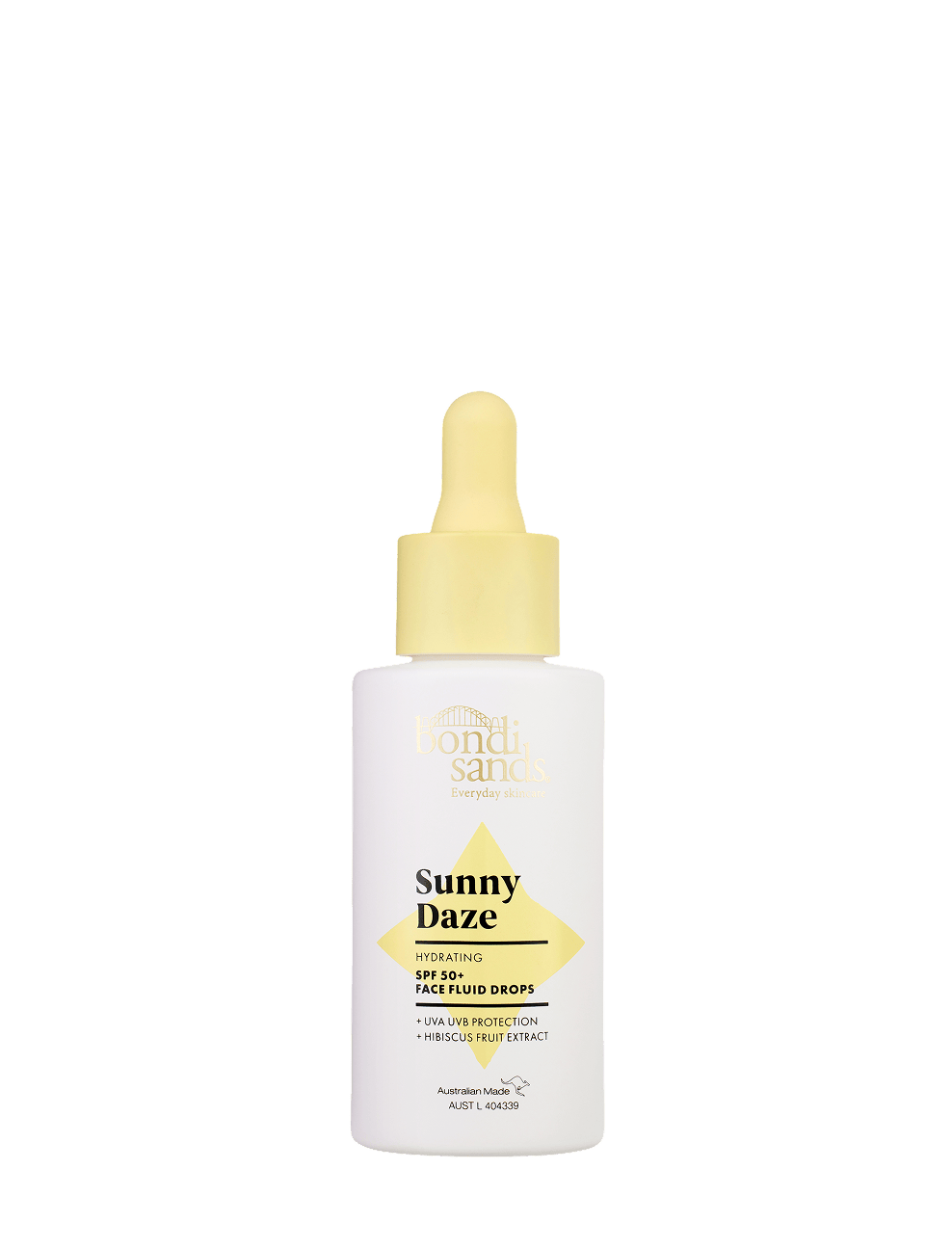 A white bottle of BondiSandsEU Sunny Daze Hydrating SPF 50+ Face Fluid Drops, with a yellow dropper cap and yellow label, is displayed against a plain white background—ideal for effective chemical sunscreen protection.
