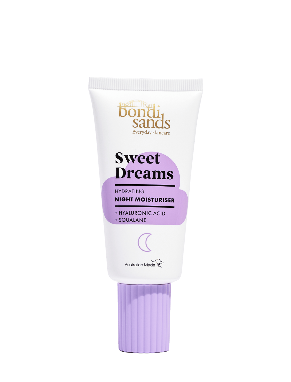 A tube of BondiSandsEU Sweet Dreams Night Moisturiser with a purple cap and label, formulated with hyaluronic acid and squalane for overnight hydration, set against a plain white background.