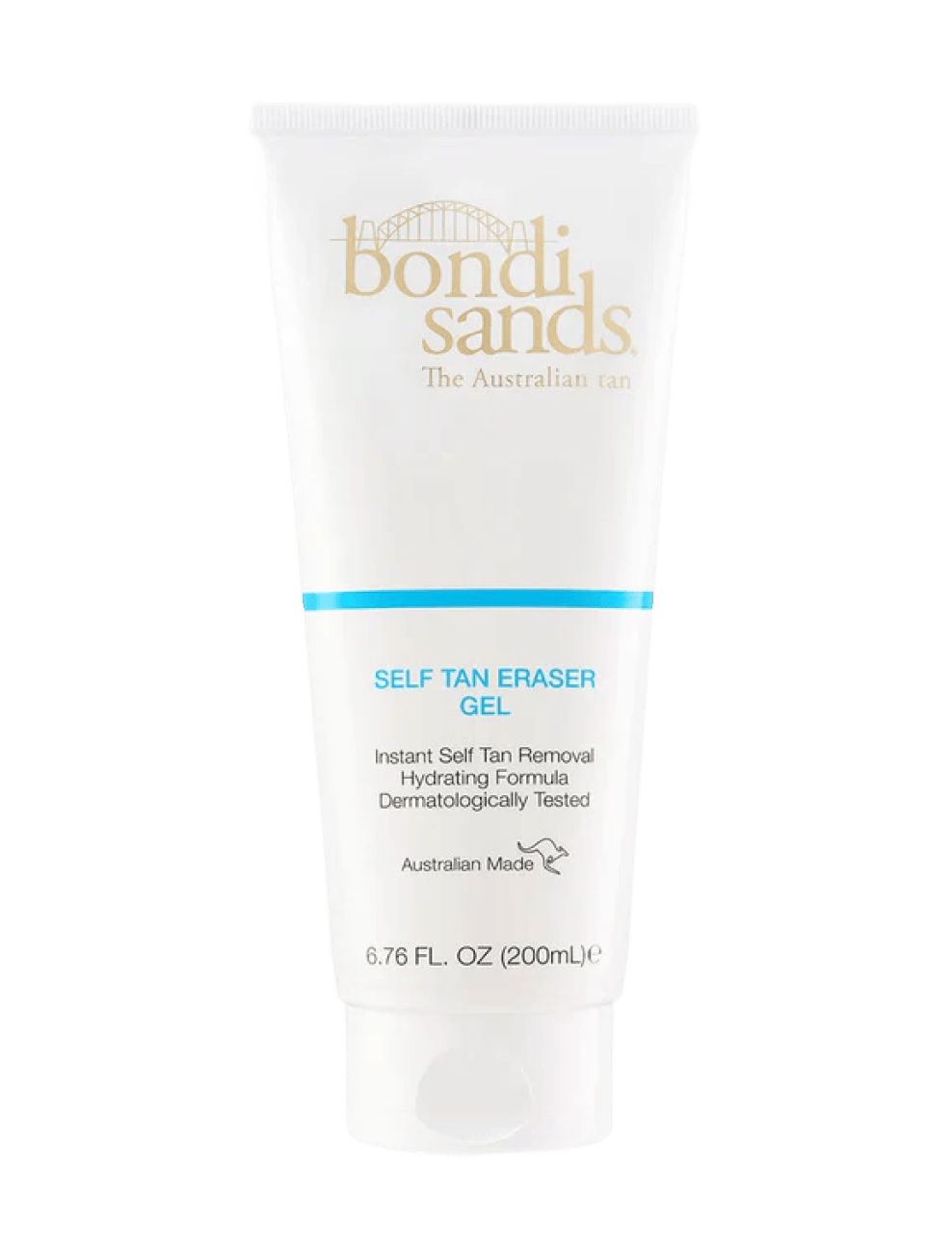 A white tube of BondiSandsEU Self Tan Remover Gel Eraser featuring a gold logo and blue accents, designed as an instant self tan remover with a hydrating, exfoliating gel formula that is dermatologically tested, available in a 200ml size.