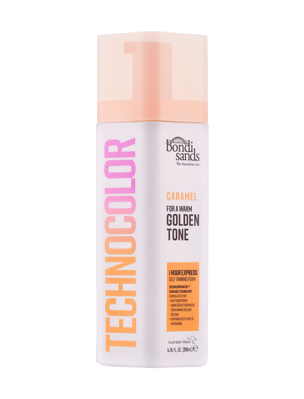 A 200ml bottle of BondiSandsEU Caramel Technocolor 1 Hour Express Self Tanning Foam for a warm golden tone, featuring orange and pink text on a white background. This express self tan delivers tailored tanning results for flawless, radiant skin.