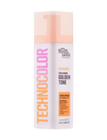 A 200ml bottle of BondiSandsEU Caramel Technocolor 1 Hour Express Self Tanning Foam for a warm golden tone, featuring orange and pink text on a white background. This express self tan delivers tailored tanning results for flawless, radiant skin.