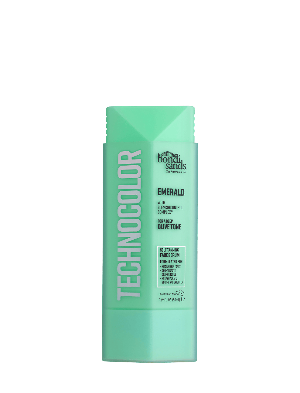 Introducing the BondiSandsEU Emerald Technocolor Self Tanning Face Serum—a green stick container with 1.69 fl. oz. of product, specially designed for medium or olive skin tones to deliver a natural, radiant glow for both face and body.