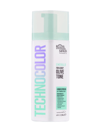 A bottle of BondiSandsEU Emerald Technocolor 1 Hour Express Self Tanning Foam, designed with a white and mint green color scheme and purple lettering on the front, is perfect for achieving a flawless glow on medium skin tones.