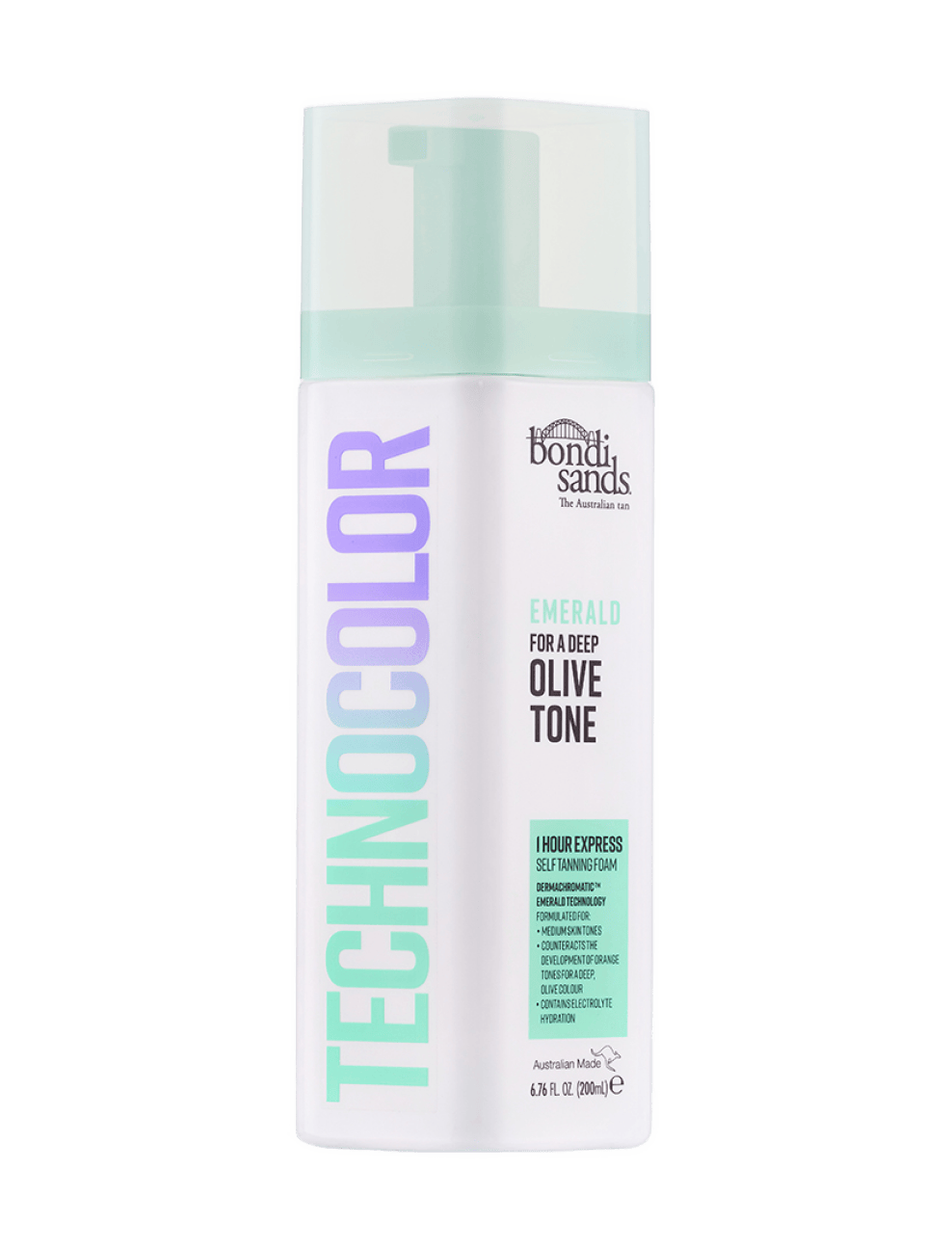 A bottle of BondiSandsEU Emerald Technocolor 1 Hour Express Self Tanning Foam, designed with a white and mint green color scheme and purple lettering on the front, is perfect for achieving a flawless glow on medium skin tones.