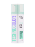 A bottle of BondiSandsEU Emerald Technocolor 1 Hour Express Self Tanning Foam, designed with a white and mint green color scheme and purple lettering on the front, is perfect for achieving a flawless glow on medium skin tones.