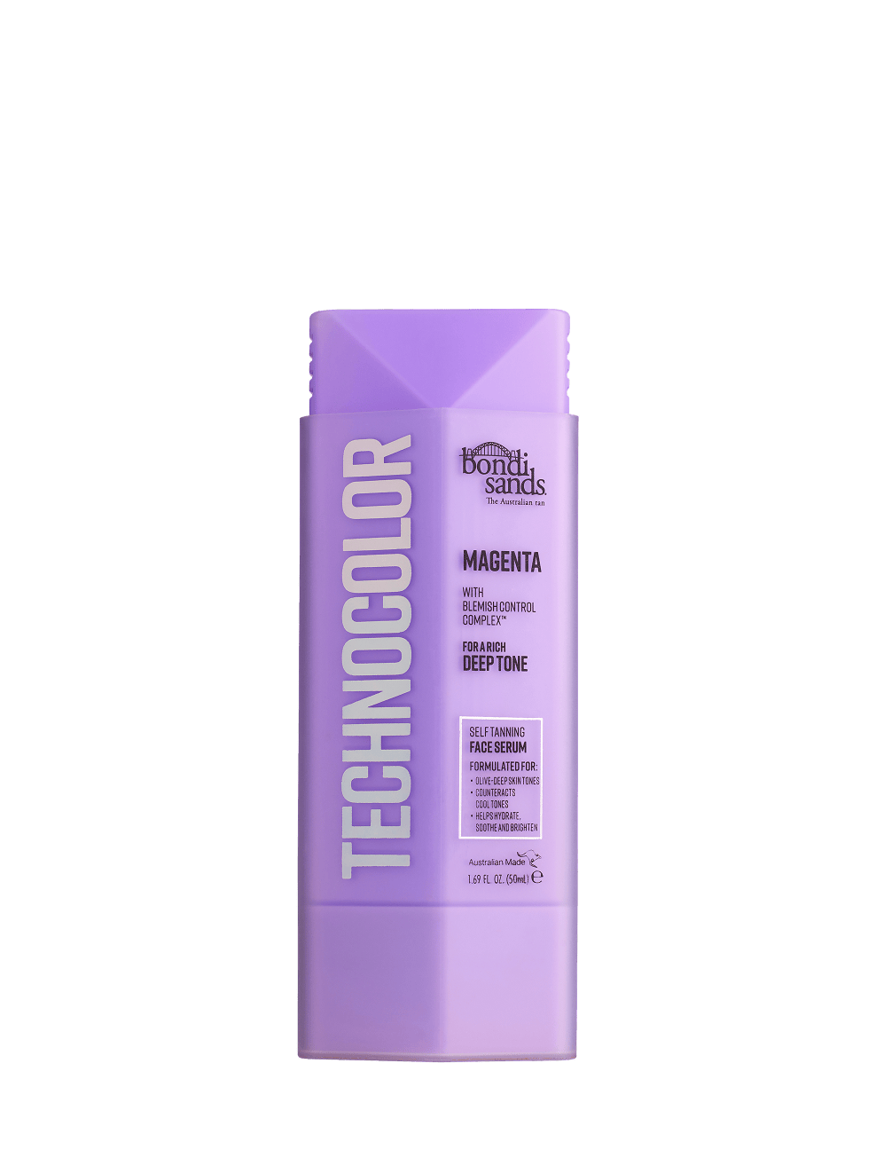 A purple bottle labeled BondiSandsEU Magenta Technocolor Self Tanning Face Serum, designed for olive-deep skin tones, features white and magenta text on a plain background and promises a natural glow.