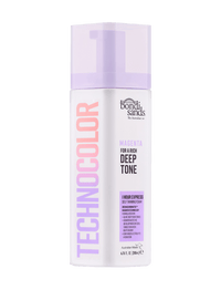 A bottle of BondiSandsEU Magenta Technocolor 1 Hour Express Self Tanning Foam, designed for a rich deep tone and ideal for olive to deep skin tones, features a light purple pump and cap. The label has purple, pink, and black text on a white background.