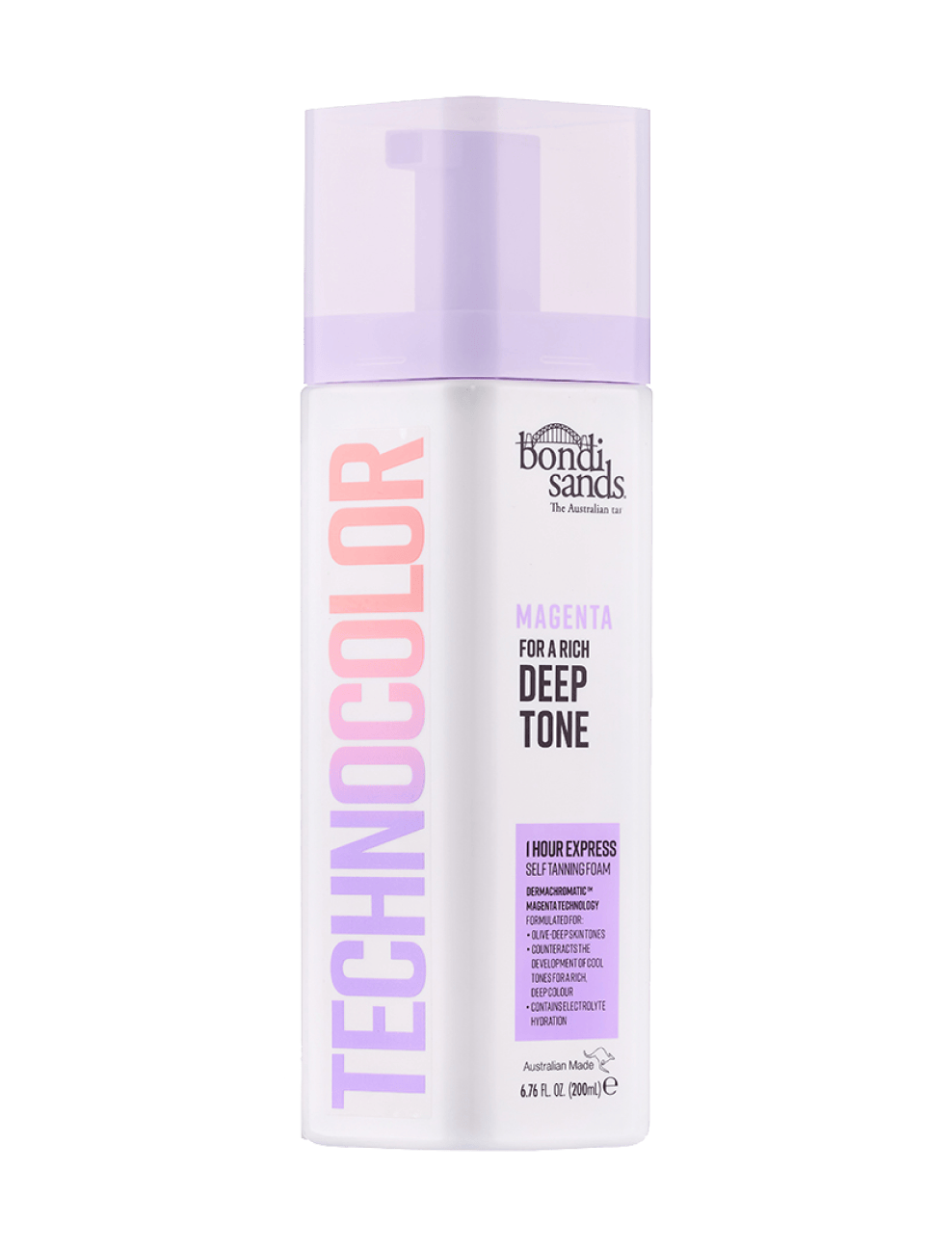 A bottle of BondiSandsEU Magenta Technocolor 1 Hour Express Self Tanning Foam, designed for a rich deep tone and ideal for olive to deep skin tones, features a light purple pump and cap. The label has purple, pink, and black text on a white background.