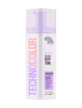 A bottle of BondiSandsEU Magenta Technocolor 1 Hour Express Self Tanning Foam, designed for a rich deep tone and ideal for olive to deep skin tones, features a light purple pump and cap. The label has purple, pink, and black text on a white background.